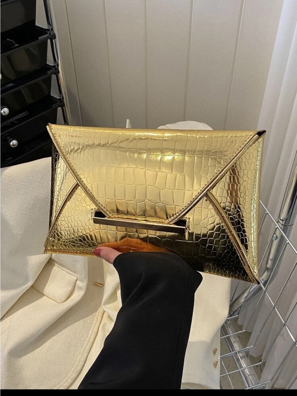 Gold Croc-Embossed Envelope Clutch